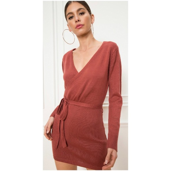 SUPERDOWN Dusty Rose Kina Wrap Sweater Mini Dress - Picture 1 of 5